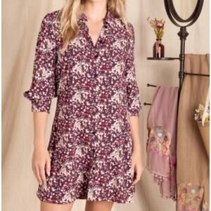 Natural Life Womens Button Front Mini Tunic Shirt Dress Medium Burgundy Floral
